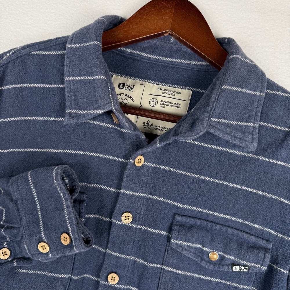 Picture Organic Clothing Mens M Blue Striped Flannel Shirt Outdoors Gorpcore